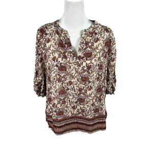 June & Hudson Top Blouse Shirt 3/4 Sleeve Floral Ivory Large Boho Casual